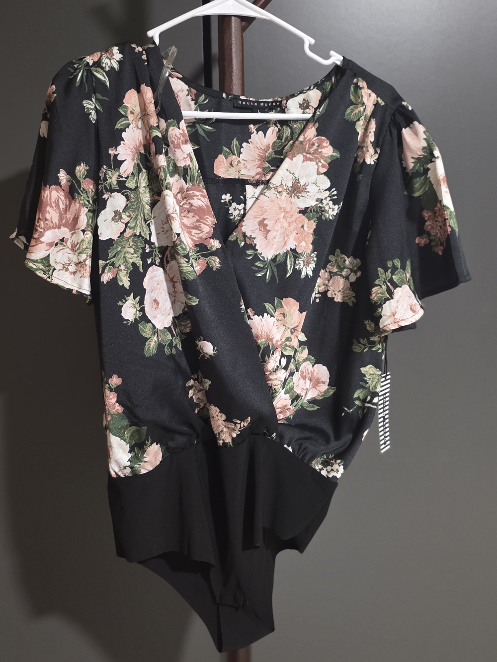 Haute Monde Black Floral Wrap-Front Bodysuit with Pink and Green Bouquet